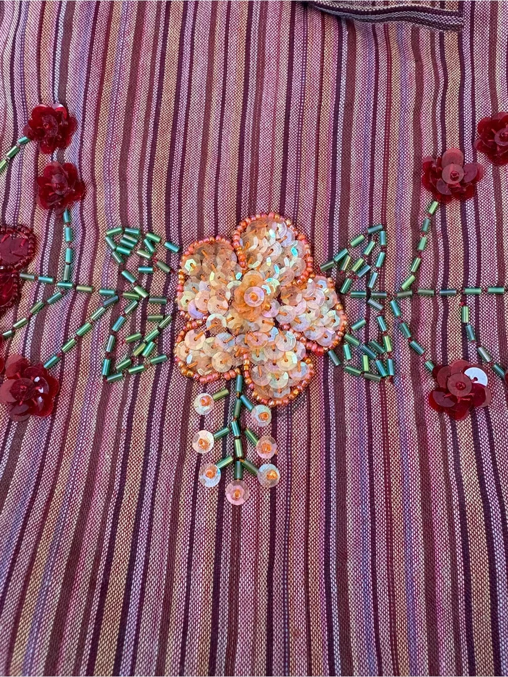 VNTG‎ Crescent Moon Orange Red Stripe Floral Embroidery Bag Purse Wooden Handle
